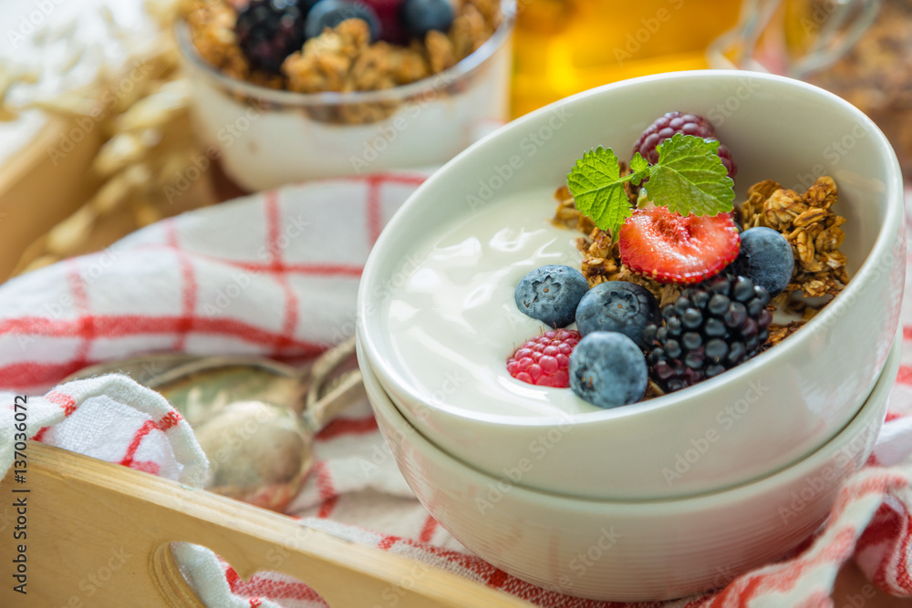 Breakfast with fresh fruits and berries