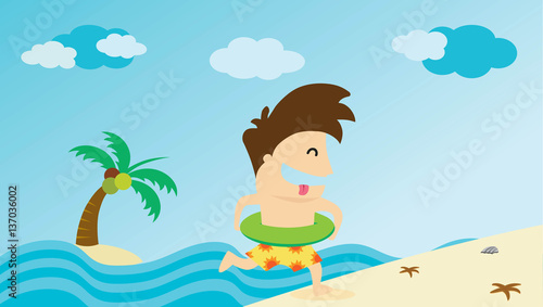 Man running to summer beach. Vector illustration.