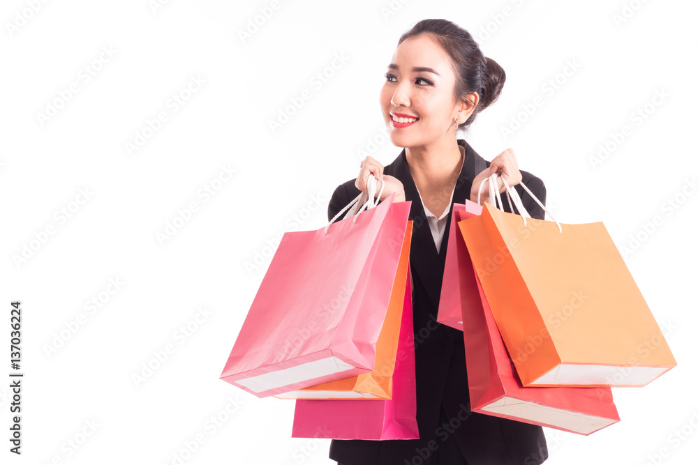 women holding shopping bags in her hand with a copy space,isolated on white background women holding shopping bags in her hand with a copy space,isolated on white background