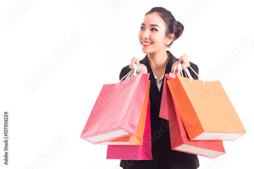 women holding shopping bags in her hand with a copy space,isolated on white background