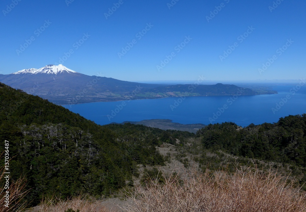 View of the beautiful Volcan Calbuco from half way up Volcan Osorno in the Lakes district of Southern Chile
