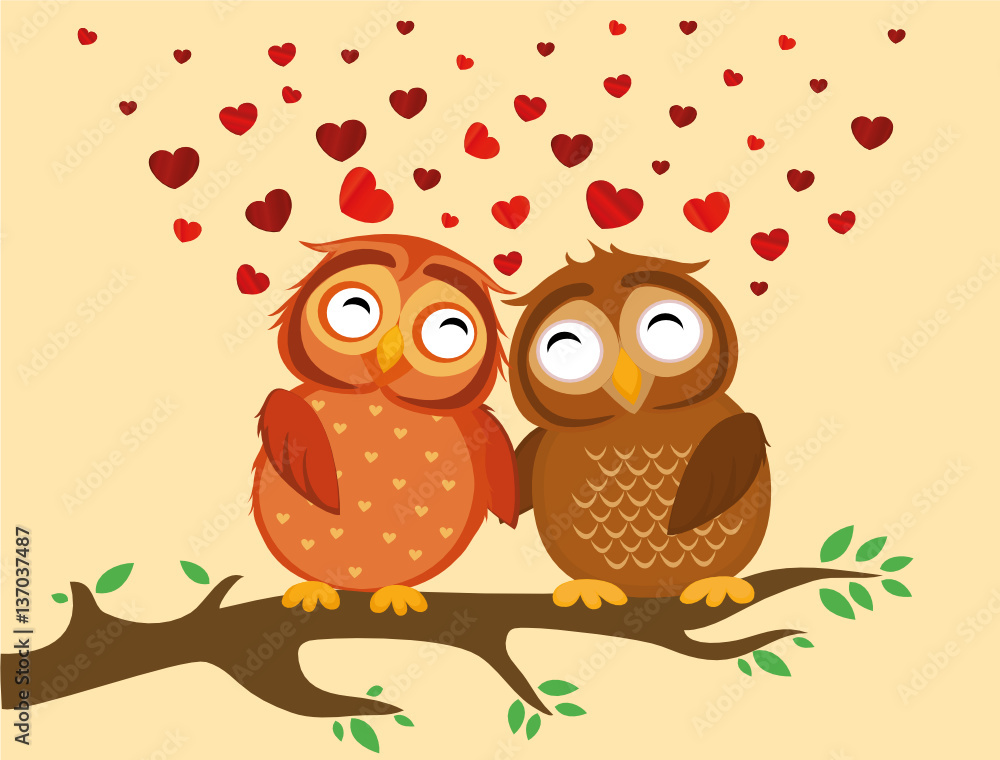 Obraz premium A pair of cute owlet sitting on a branch. Owls in love hearts 