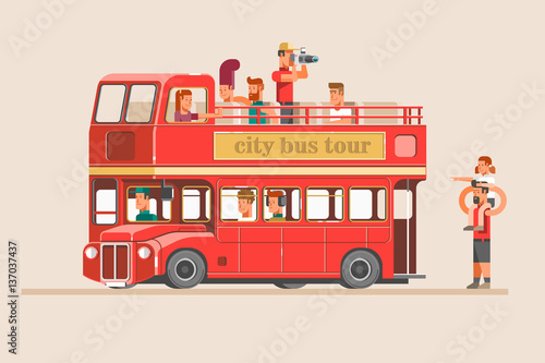 People go on the red tourist bus and take pictures of landmarks. Vector illustration.