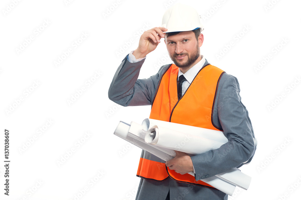 Enginee holding safety hat and many plans of buidings. Enginee holding safety hat and many plans of buidings.