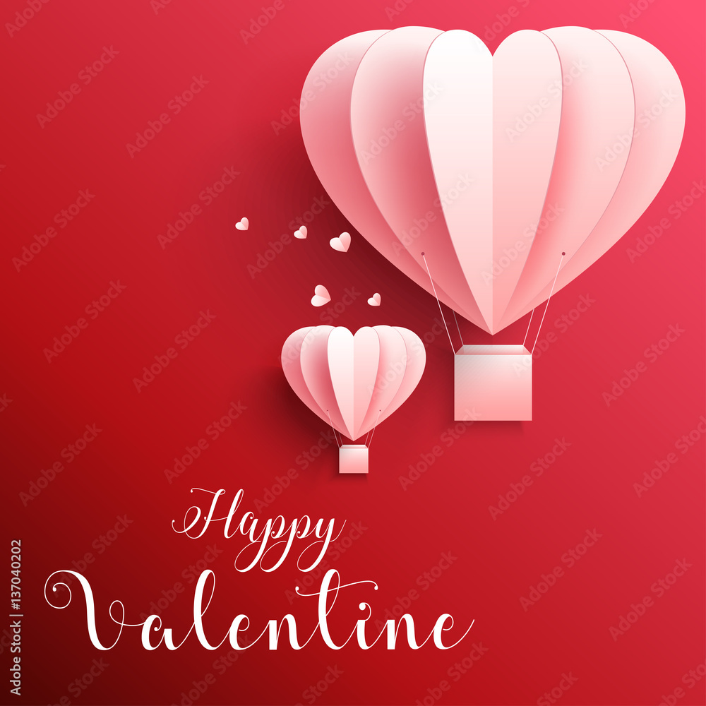 Happy valentines day greetings card with realistic paper cut heart shape flying hot air balloon in red background