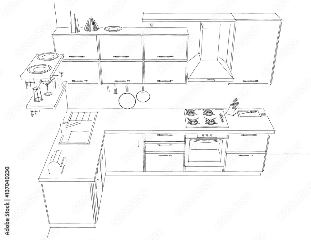 Modern corner kitchen sketch illustration. Top isometric view. 