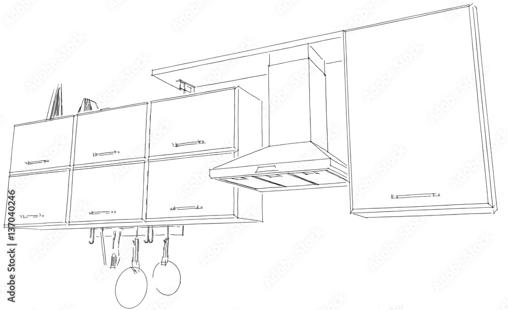 Obraz premium Kitchen hood with cabinets and shelf black and white layout