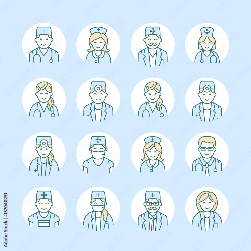 Cute vector line icon of doctor. Hospital clinic linear logo