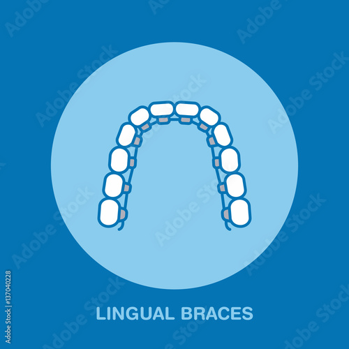 Dentist, orthodontics line icon of lingual braces, teeth alignment. Dental care equipment sign, medical elements. Health care thin linear symbol for dentistry clinic.