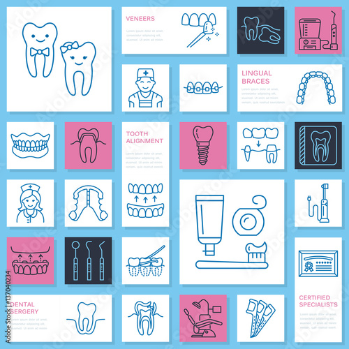 Dentist, orthodontics line icons. Dental care equipment, braces, tooth prosthesis, veneers, floss, caries treatment and other medical elements. Health care thin linear signs for dentistry clinic.
