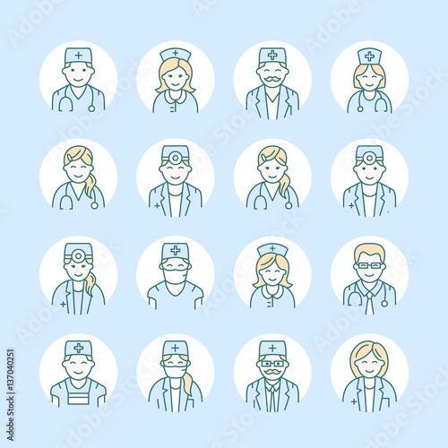 Cute vector line icon of doctor. Hospital clinic linear logo. Outline medical sign - surgeon, cardiologist, dentist, therapist, physician, nurse. Design element site, health business logotype.