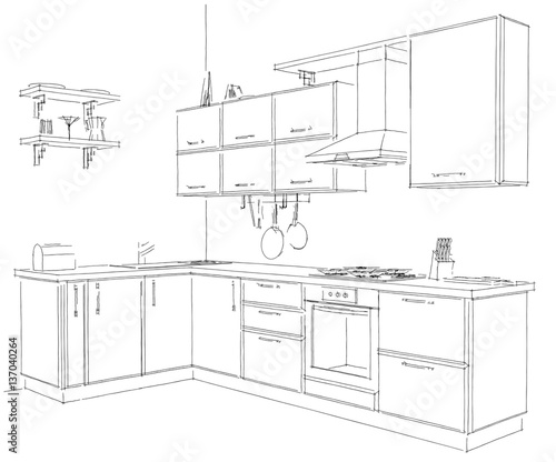 Sketch outline drawing of 3d contemporary corner kitchen interior black and white
