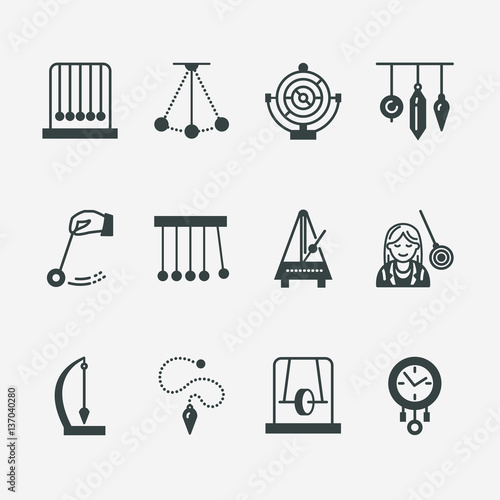 Vector flat line icon of pendulum types. Newton cradle, metronome, table pendulum, perpetuum mobile, gyroscope. Linear pictogram editable stroke for site, brochure of hypnosis, hypnotherapy.