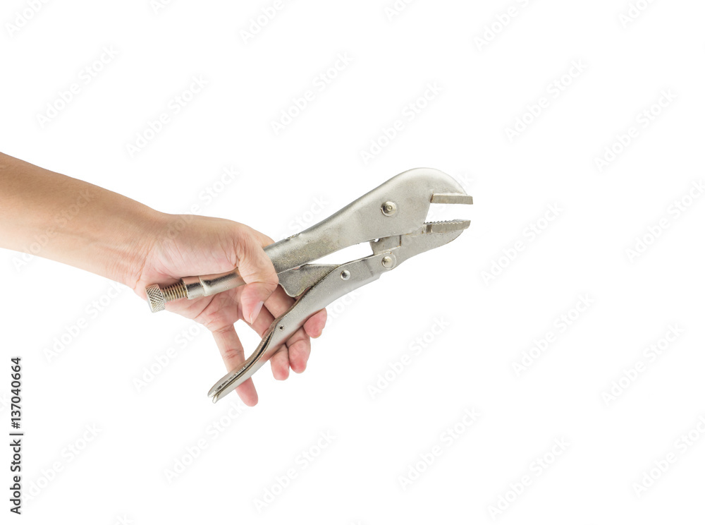 Hand holding locking pliers isolated on white background.