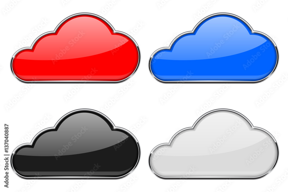 Cloud icons set. Shiny black 3d signs with chrome frame Cloud icons set. Shiny black 3d signs with chrome frame