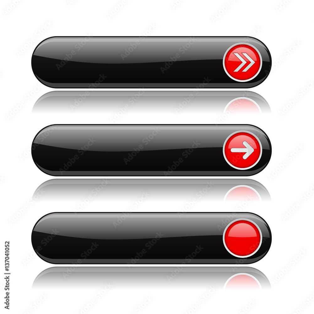 Black oval buttons with red arrows. Menu interface elements with metal frame Black oval buttons with red arrows. Menu interface elements with metal frame