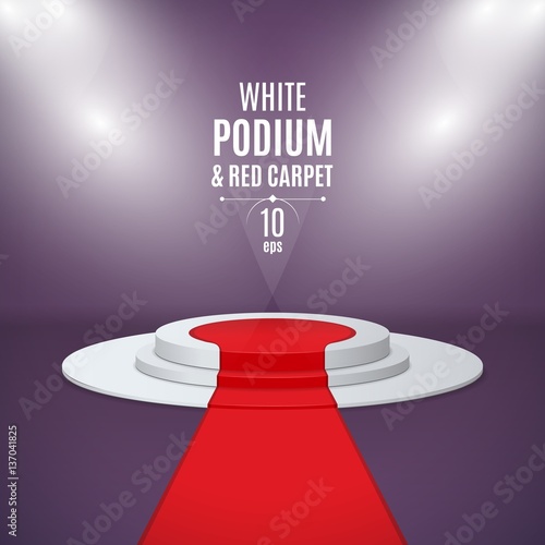 Illuminated stage 3d podium with red carpet for award ceremony.