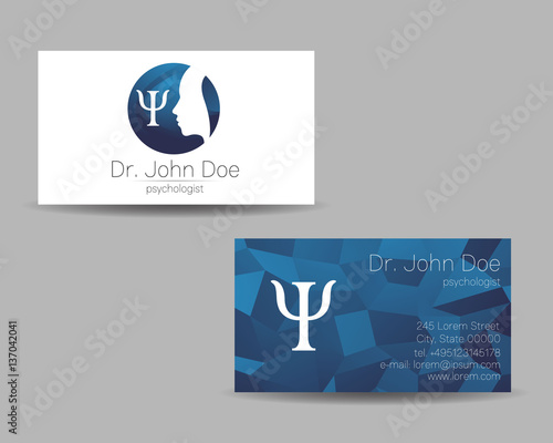 Psychology vector visit card. Modern Sign. Creative style. Design concept. Brand company. Blue color isolated on grey background. Symbol for web, print. visiting personal set