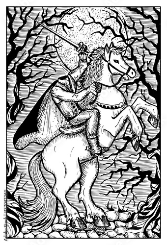 The Headless Horseman. Engraved fantasy illustration. Mythical collection