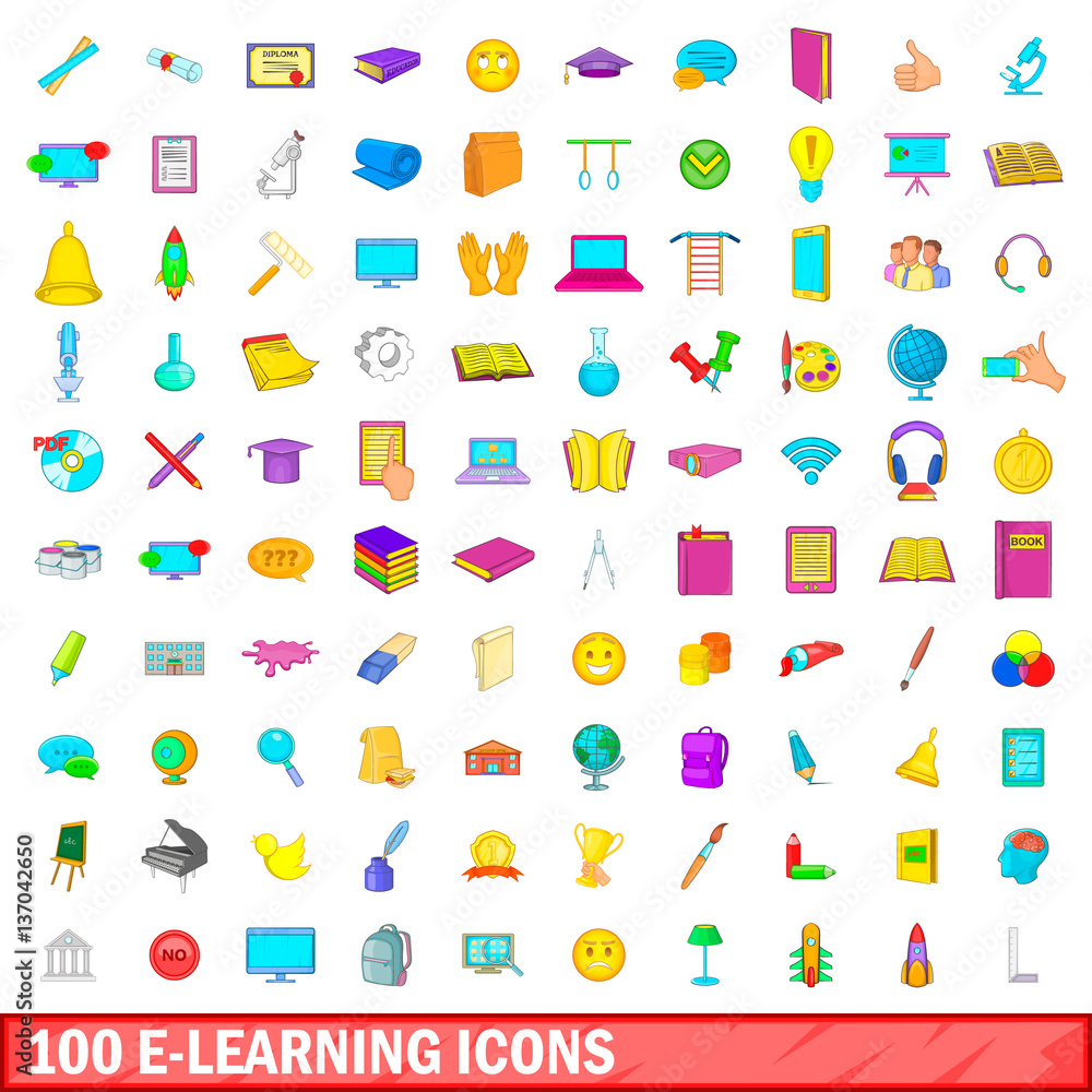 100 e-learning icons set, cartoon style 100 e-learning icons set, cartoon style