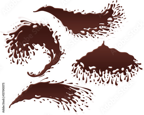Chocolate splashing jet; Splash of hot dark or milk chocolate stream from cacao with drops; Vector icon and banner set Eps8