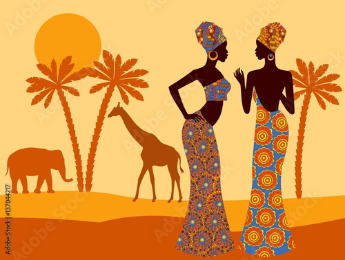 Tropical landscape. Beautiful black woman. African savannah