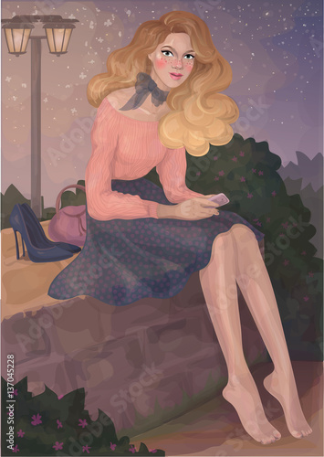  beautiful fashionable woman sat on a walk and took off uncomfortable shoes