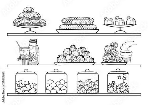 vector black and white shelves with dishes, sweets, cakes and pastries in the pastry shop