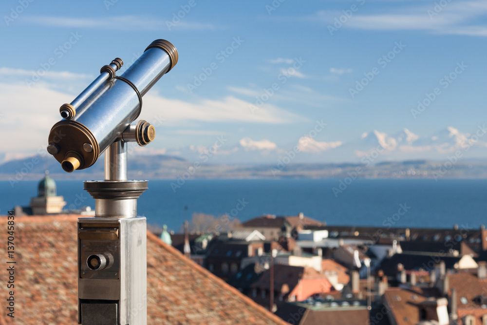 View of the city of Neuchatel in Switzerland. Sharpness on the telescope.