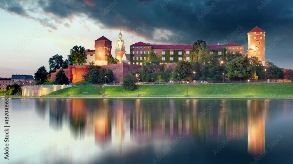 Krakow - Royal castle Wawel at night, Poland, Time lapse Krakow - Royal castle Wawel at night, Poland, Time lapse
