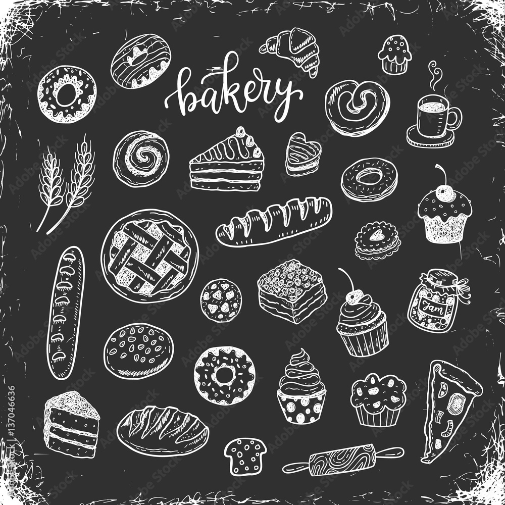 Hand drawn bakery, food doodles on a chalkboard background Hand drawn bakery, food doodles on a chalkboard background