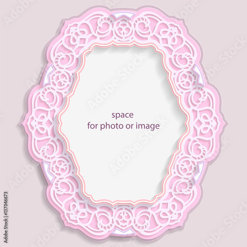 3D oval frame for a photo or picture, vignette with ornaments, lace border,  bas-relief ornament,  openwork  pattern, template greetings, vector