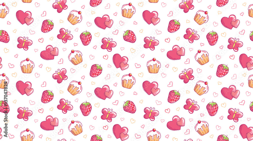 romantic seamless pattern with cupcake, butterfly, heart and strawberry romantic seamless pattern with cupcake, butterfly, heart and strawberry
