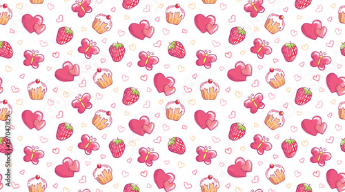 romantic seamless pattern with cupcake, butterfly, heart and strawberry