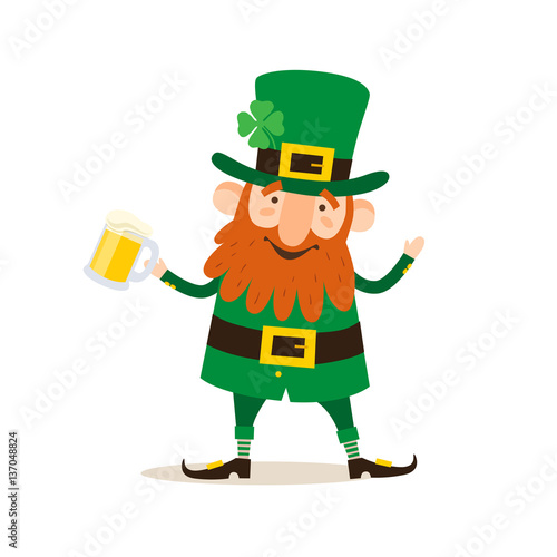 Saint Patrick's Day. Funny Leprechaun with a pint beer on a light background. Vector illustration.