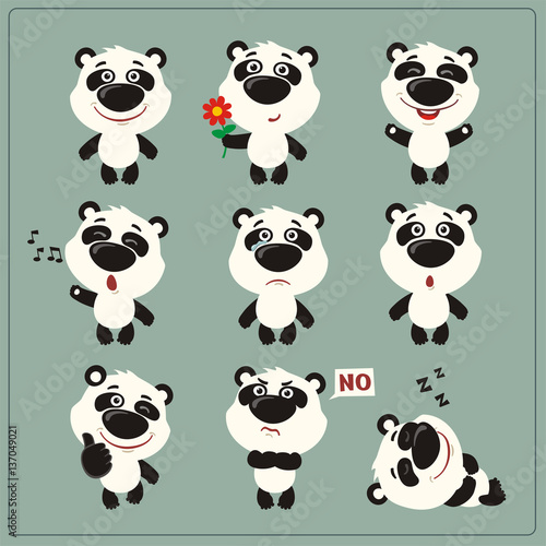 Fototapeta Naklejka Na Ścianę i Meble -  Funny little panda bear set in different poses. Collection isolated panda bear in cartoon style.