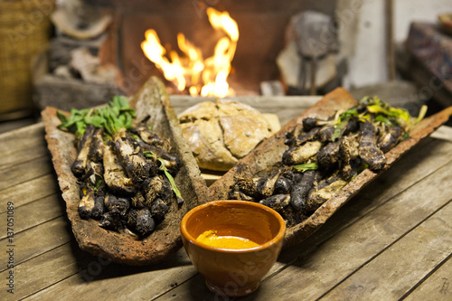 Calçots in a tires with bread, romesco sauce and wine front of a fire. photo