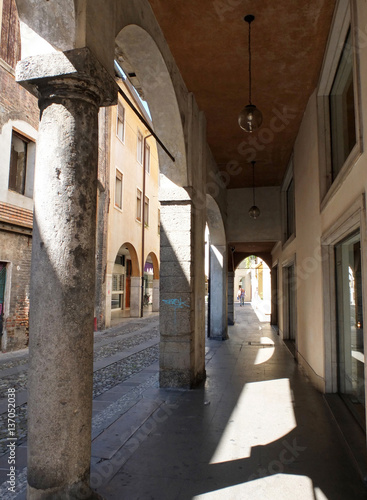 The galleries on the first floors of houses along streets in the historic center of Padua  Italy.