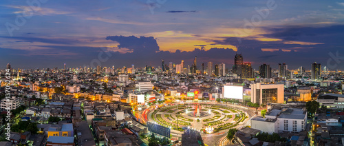 Panorama of Bangkok cityscape at Wongwian Ya roundabout at twili