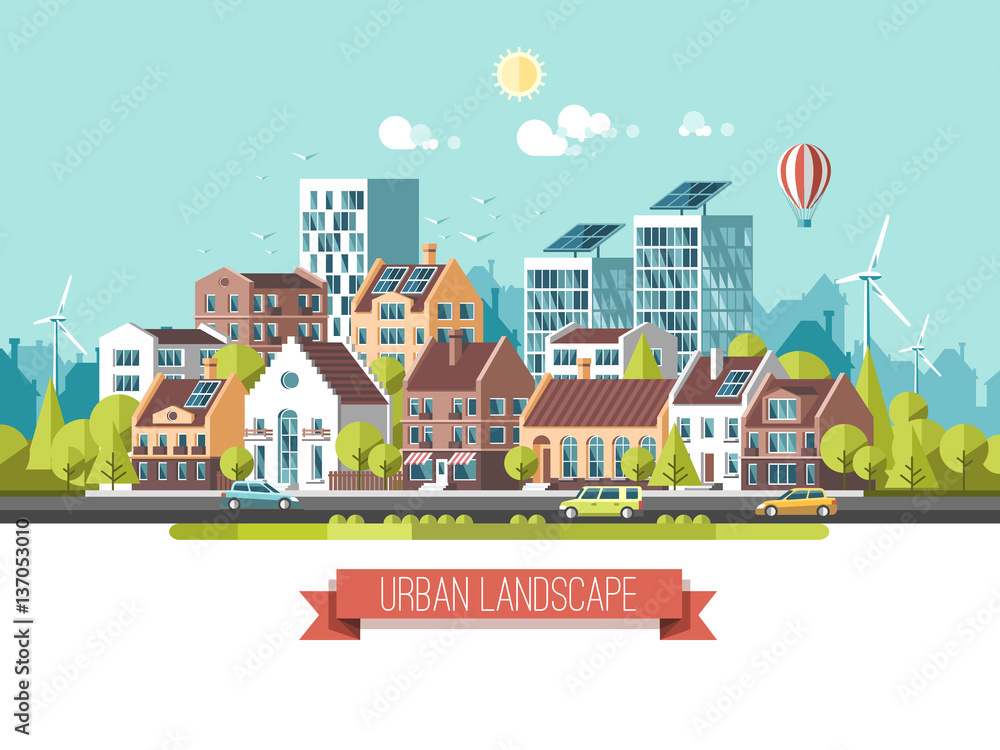 Green energy and eco friendly modern city. Traditional architecture landscape. Solar and wind power. Flat vector illustration. 3d style.