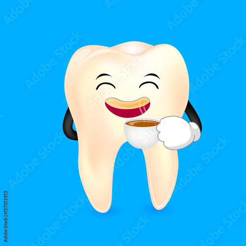 Tooth character drinking coffee. Dental care concept, illustration isolated on blue background.
