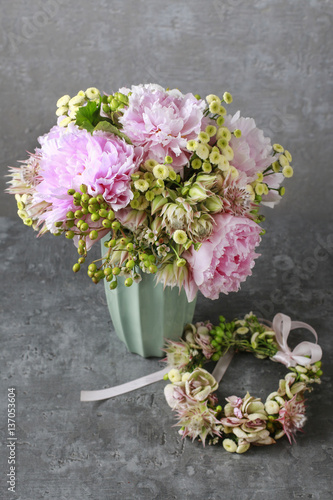 Bouquet of flowers: peony, matricaria and serruria florida (blus