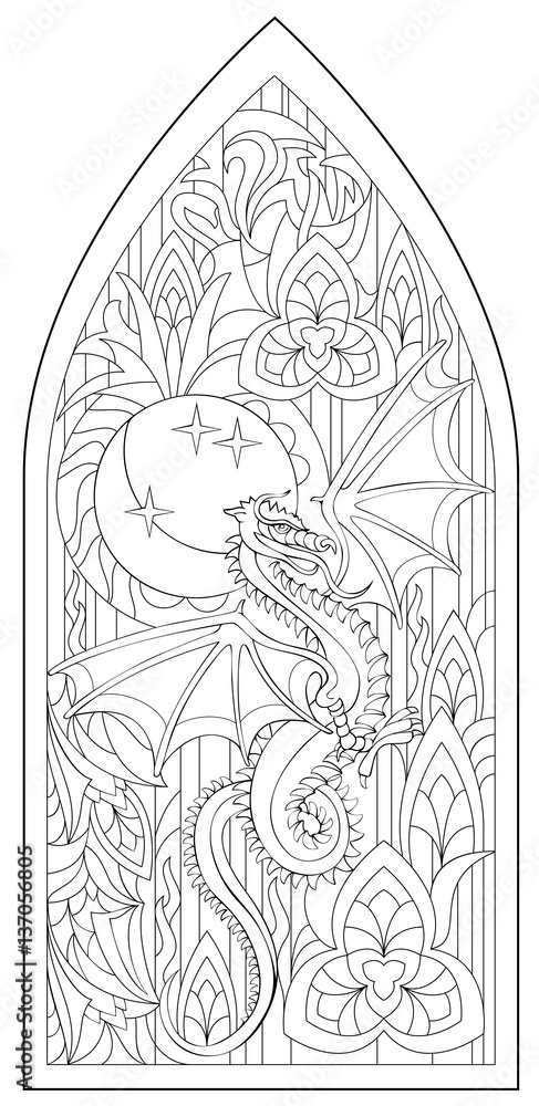 Page with black and white drawing of beautiful medieval Gothic window