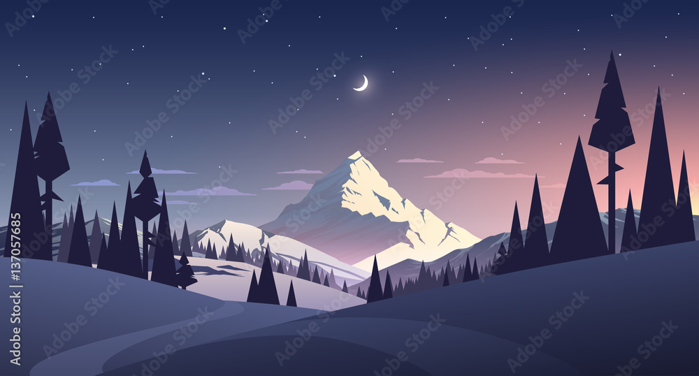 Plakat nocny krajobraz z górami i księżycem