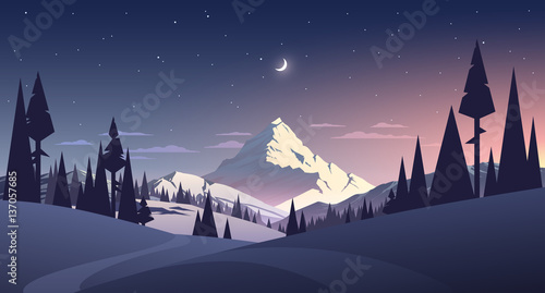 Plakat nocny krajobraz z górami i księżycem
