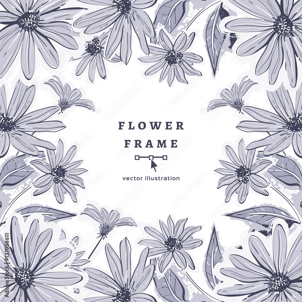 Vector flower frame drawing floral background, hand-drawn chamomiles, daisies. Botanical drawings watercolor stylization, Monochrome gray flowers on white backdrop