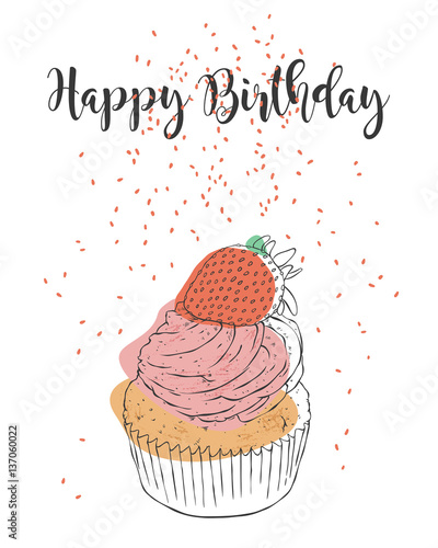 Cupcake With Strawberry, Doodle, Vector Illustration For Birthday Card Design, Sketchy Style