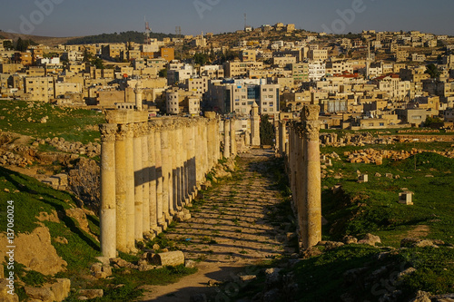 Ancient Jerash and the modern Jerash (in the background), Jerash, Jordan