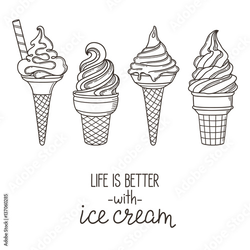 Set of hand drawn soft serve ice cream cones. Life is better with ice cream lettering