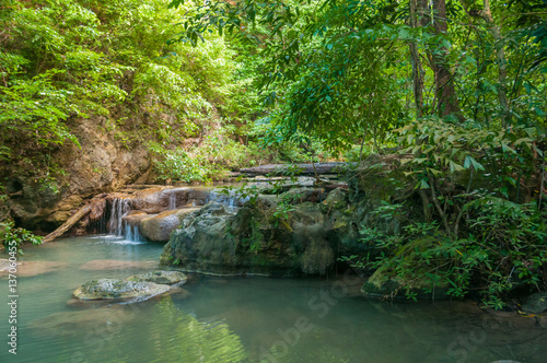 Waterfall in the jungle at Erawan waterfall national park in Kanchanaburi, Thailand